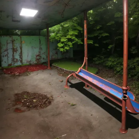 <lora:liminalspaces768:1> , liminalspaces,
A deserted, overgrown playground, with rusted swings and slides creaking in the wind. The sense of nostalgia and decay is palpable, as the camera lingers on the abandoned toys and equipment.