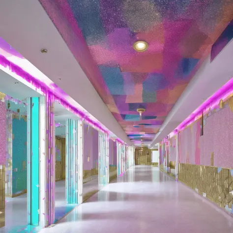 <lora:liminalspaces768:1> , liminalspaces, A crystalline palace, where walls and ceilings are made of prismatic crystals, casting vibrant hues across the empty halls.