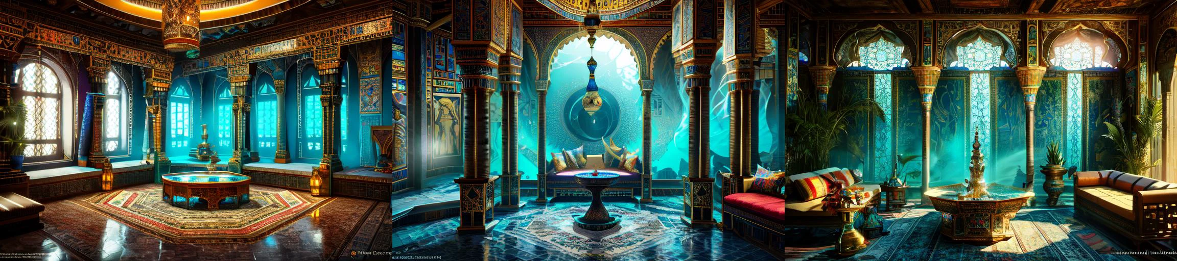 (otherworldly, otherworldly atmosphere, otherworldly appearance), highly insanely detailed, masterpiece, top quality, best quality, highres, 4k, 8k, RAW photo, 
((ancient egyptian theme:1.2)), Hong Kong structure, building, structure, taiwan, korean, 
swirling energy, 
tentacle, 
(underwater), 
reflection, reflective floor, 
abandoned building, overgrown with vegetation, [volumetric fog], cinematic lighting, colorful, colourful, 
(long_hair, long hair, random colors hair, glowing hair, hair over one eye, long messy hair), 
(eyelashes, eyeliner, eyeshadow, eyelashes, long eyelashes), 
collar, earrings, jewelry, necklace, armlet, 
high-heels, 
nsfw, 
cleavage, perfect female body, makeup, 
action pose, 
drunk, biting, 
Interior, 
scenery, window, 
CyberPunk, sofa, table, authentic, indoor scenery, 
an arabian room with a couch, a carpet, a small round table with a hookah on it, a window and a lamp, ArIn, 
a large arabian room with a pool, 
<lora:ArabianInteriors-10:0.8>, (fantasy world)
