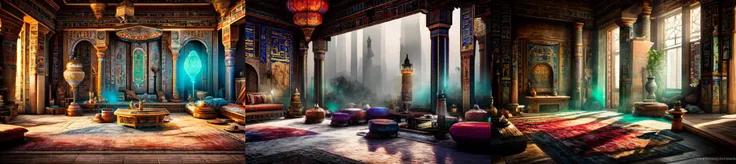 (otherworldly, otherworldly atmosphere, otherworldly appearance), highly insanely detailed, masterpiece, top quality, best quality, highres, 4k, 8k, RAW photo, 
((ancient egyptian theme:1.2)), Hong Kong structure, building, structure, taiwan, korean, 
swirling energy, 
tentacle, 
(underwater), 
reflection, reflective floor, 
abandoned building, overgrown with vegetation, [volumetric fog], cinematic lighting, colorful, colourful, 
(long_hair, long hair, random colors hair, glowing hair, hair over one eye, long messy hair), 
(eyelashes, eyeliner, eyeshadow, eyelashes, long eyelashes), 
collar, earrings, jewelry, necklace, armlet, 
high-heels, 
nsfw, 
cleavage, perfect female body, makeup, 
action pose, 
drunk, biting, 
Interior, 
scenery, window, 
CyberPunk, sofa, table, authentic, indoor scenery, 
an arabian room with a couch, a carpet, a small round table with a hookah on it, a window and a lamp, ArIn, 
a large arabian room with a pool, 
<lora:ArabianInteriors-10:0.8>, (fantasy world)
