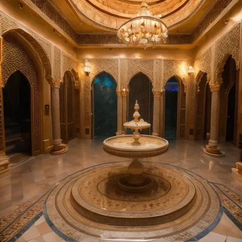 (masterpiece:1.2), (best quality,:1.2), 8k, HDR, ultra detailed, ((photorealistic)), perfect anatomy, professional light, cinematic lighting, fashion photography, ambient lighting, <lora:detail_slider_v4:2.5>, a large arabian room with a pool, ArIn, <lora:ArabianInteriors-10:1>, epiCPhoto