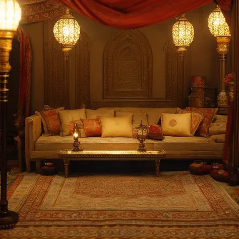 (masterpiece:1.2), (best quality,:1.2), 8k, HDR, ultra detailed, ((photorealistic)), perfect anatomy, professional light, cinematic lighting, fashion photography, ambient lighting, <lora:detail_slider_v4:2.5>, an arabian room with a couch, a carpet, a small table and a lamp, ArIn, <lora:ArabianInteriors-10:1>, epiCPhoto