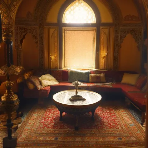 (masterpiece:1.2), (best quality,:1.2), 8k, HDR, ultra detailed, ((photorealistic)), perfect anatomy, professional light, cinematic lighting, fashion photography, ambient lighting, <lora:detail_slider_v4:2.5>, an arabian room with a couch, a carpet, a small round table with a hookah on it, a window and a lamp, ArIn, <lora:ArabianInteriors-10:1>, epiCPhoto