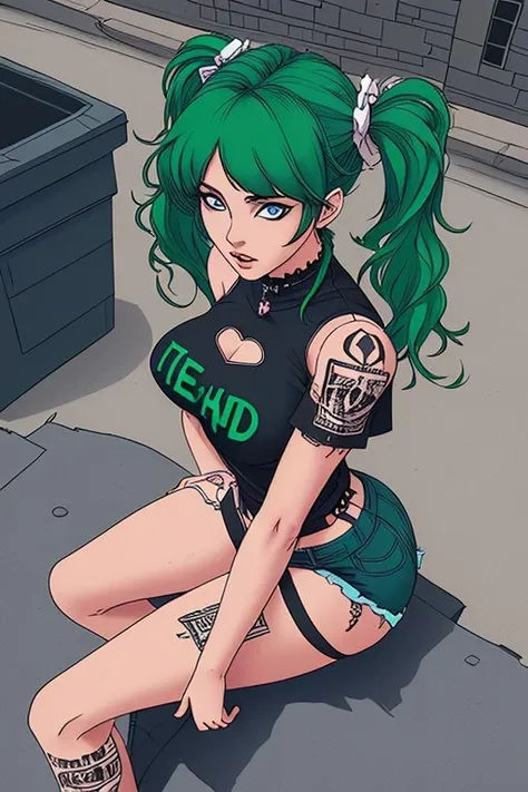 pretty punk woman, blue eyes, green twin tails, head back, medium breasts, clothing cutout, looking at viewer, shot from above, medium shot, sitting, outside, slogan text: "not (a) slut" <lora:so77-sd1x-000006:1.0>