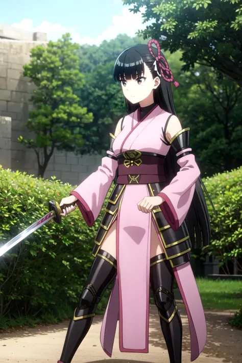 extremely detailed unreal engine 8k, best quality, (detailed fingers, detailed hands, detailed face), all intricate, beautiful detailed 1girl, BREAK
kasumi, long hair, black hair, hair ribbon, blunt bangs, brown eyes, detached sleeves, japanese clothes, black thighhighs, bare shoulders, hakama, 
full body, standing, serious, fighting stance, holding sword, katana, outdoors, sky, cowboy shot, 
 <lora:bofuri kasumi s2-lora-nochekaiser:1>