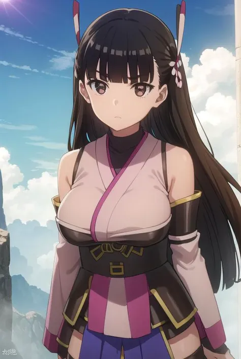 bofurikasumi, <lora:bofuri kasumi s2-lora-nochekaiser:1>,
kasumi, long hair, black hair, ribbon, hair ribbon, bangs, blunt bangs, (brown eyes:1.5),
BREAK thighhighs, detached sleeves, japanese clothes, black thighhighs, bare shoulders,
BREAK outdoors, forest, nature, sky, sun, clouds,
BREAK looking at viewer,
BREAK <lyco:GoodHands-beta2:1>, (masterpiece:1.2), best quality, high resolution, unity 8k wallpaper, (illustration:0.8), (beautiful detailed eyes:1.6), extremely detailed face, perfect lighting, extremely detailed CG, (perfect hands, perfect anatomy),