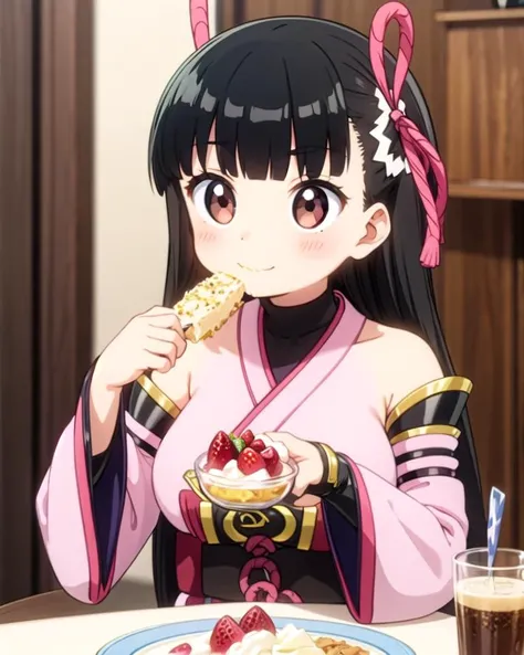extremely detailed unreal engine 8k, best quality, (detailed fingers, detailed hands, detailed face), all intricate, beautiful detailed 1girl, solo,
kasumi, long hair, black hair, hair ribbon, blunt bangs, brown eyes, detached sleeves, japanese clothes, bare shoulders,
upper body, eating parfait, sweets, (round eyes, large eyes :1.3), table, cafe, (smile)
<lora:bofuri kasumi s2-lora-nochekaiser:1>