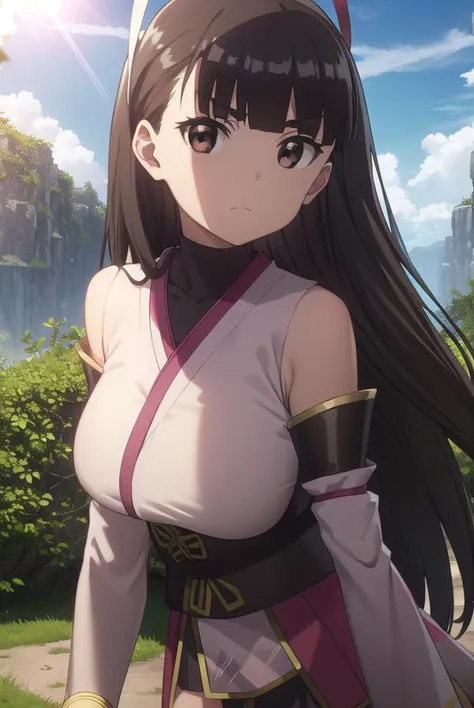 bofurikasumi, <lora:bofuri kasumi s2-lora-nochekaiser:1>,
kasumi, long hair, black hair, ribbon, hair ribbon, bangs, blunt bangs, (brown eyes:1.5),
BREAK thighhighs, detached sleeves, japanese clothes, black thighhighs, bare shoulders,
BREAK outdoors, forest, nature, sky, sun, clouds,
BREAK looking at viewer,
BREAK <lyco:GoodHands-beta2:1>, (masterpiece:1.2), best quality, high resolution, unity 8k wallpaper, (illustration:0.8), (beautiful detailed eyes:1.6), extremely detailed face, perfect lighting, extremely detailed CG, (perfect hands, perfect anatomy),