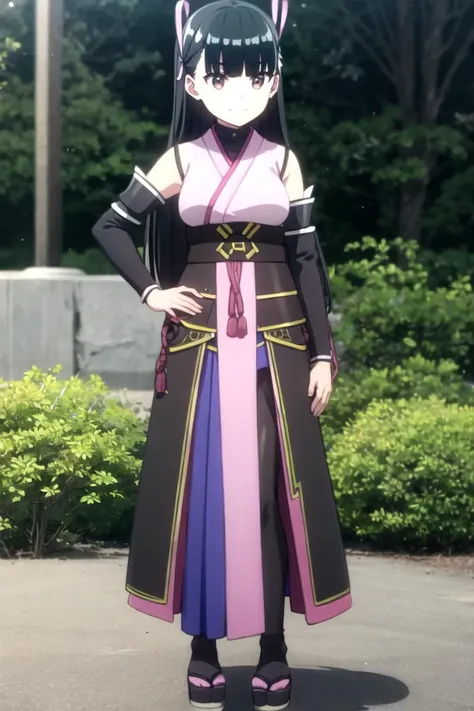 extremely detailed unreal engine 8k, best quality, (detailed fingers, detailed hands, detailed face), all intricate, beautiful detailed 1girl,
kasumi, long hair, black hair, hair ribbon, blunt bangs, brown eyes, detached sleeves, japanese clothes, black thighhighs, bare shoulders, full body, standing, smile, hands on hips, outdoors
<lora:bofuri kasumi s2-lora-nochekaiser:1>