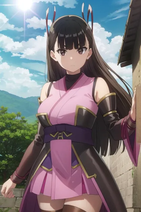 bofurikasumi, <lora:bofuri kasumi s2-lora-nochekaiser:1>,
kasumi, long hair, black hair, ribbon, hair ribbon, bangs, blunt bangs, (brown eyes:1.5),
BREAK thighhighs, detached sleeves, japanese clothes, black thighhighs, bare shoulders,
BREAK outdoors, forest, nature, sky, sun, clouds,
BREAK looking at viewer,
BREAK <lyco:GoodHands-beta2:1>, (masterpiece:1.2), best quality, high resolution, unity 8k wallpaper, (illustration:0.8), (beautiful detailed eyes:1.6), extremely detailed face, perfect lighting, extremely detailed CG, (perfect hands, perfect anatomy),