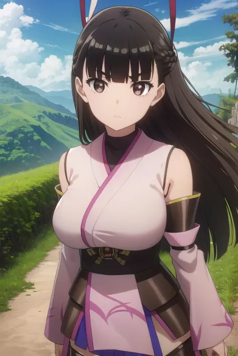 bofurikasumi, <lora:bofuri kasumi s2-lora-nochekaiser:1>,
kasumi, long hair, black hair, ribbon, hair ribbon, bangs, blunt bangs, (brown eyes:1.5),
BREAK thighhighs, detached sleeves, japanese clothes, black thighhighs, bare shoulders,
BREAK outdoors, forest, nature, sky, sun, clouds,
BREAK looking at viewer,
BREAK <lyco:GoodHands-beta2:1>, (masterpiece:1.2), best quality, high resolution, unity 8k wallpaper, (illustration:0.8), (beautiful detailed eyes:1.6), extremely detailed face, perfect lighting, extremely detailed CG, (perfect hands, perfect anatomy),