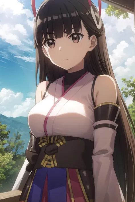 bofurikasumi, <lora:bofuri kasumi s2-lora-nochekaiser:1>,
kasumi, long hair, black hair, ribbon, hair ribbon, bangs, blunt bangs, (brown eyes:1.5),
BREAK thighhighs, detached sleeves, japanese clothes, black thighhighs, bare shoulders,
BREAK outdoors, forest, nature, sky, sun, clouds,
BREAK looking at viewer,
BREAK <lyco:GoodHands-beta2:1>, (masterpiece:1.2), best quality, high resolution, unity 8k wallpaper, (illustration:0.8), (beautiful detailed eyes:1.6), extremely detailed face, perfect lighting, extremely detailed CG, (perfect hands, perfect anatomy),