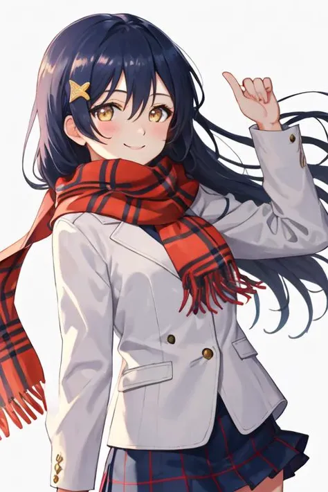 best quality, masterpiece, highres, solo, {sonoda_umi_lovelive:1.15}, long_hair, blue_hair, yellow_eyes, blush, bangs, hair_between_eyes, smile, hair_ornament, 1girl, brown_eyes, looking_at_viewer, plaid, red_scarf, scarf, long_sleeves, plaid_scarf, simple_background, white_background