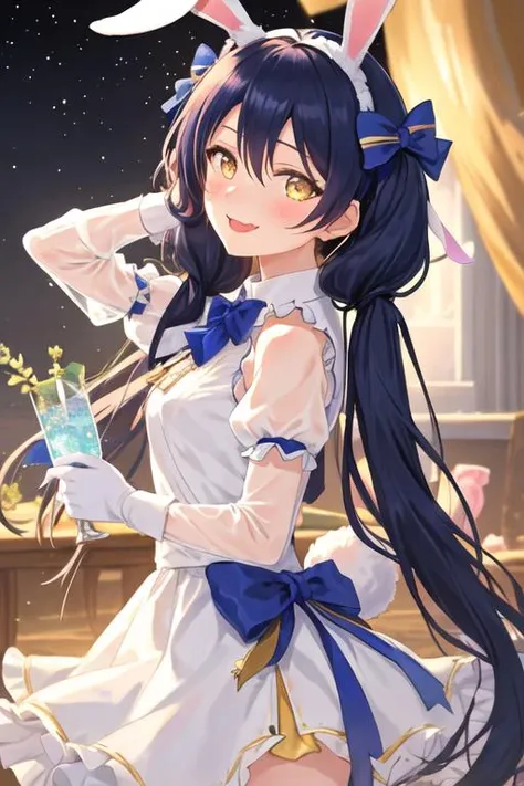 best quality, masterpiece, highres, solo, {sonoda_umi_lovelive:1.15}, long_hair, blue_hair, yellow_eyes, blush, bangs, hair_between_eyes, smile, hair_ornament, 1girl, animal_ears, bow, looking_at_viewer, open_mouth, polka_dot, puffy_short_sleeves, puffy_sleeves, rabbit_ears, short_sleeves, fake_animal_ears, hair_bow, frills, holding, holding_hair, one_eye_closed, rabbit_tail, see-through, star_\(symbol\), tail, twintails, wavy_mouth