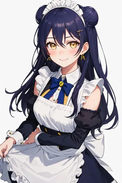 best quality, masterpiece, highres, solo, {sonoda_umi_lovelive:1.15}, long_hair, blue_hair, yellow_eyes, blush, bangs, hair_between_eyes, smile, hair_ornament, 1girl, looking_at_viewer, maid_headdress, earrings, hair_bun, jewelry, detached_sleeves, simple_background, double_bun, maid, white_background