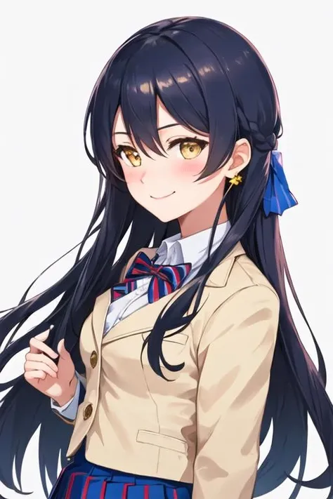 best quality, masterpiece, highres, solo, {sonoda_umi_lovelive:1.15}, long_hair, blue_hair, yellow_eyes, blush, bangs, hair_between_eyes, smile, hair_ornament, 1girl, bow, bowtie, red_bow, red_bowtie, school_uniform, otonokizaka_school_uniform, simple_background, striped, striped_bowtie, blazer, closed_mouth, jacket, looking_at_viewer, striped_bow, white_background, winter_uniform, upper_body, from_side, shirt