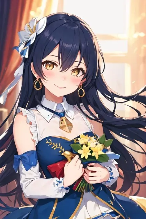 best quality, masterpiece, highres, solo, {sonoda_umi_lovelive:1.15}, long_hair, blue_hair, yellow_eyes, blush, bangs, hair_between_eyes, smile, hair_ornament