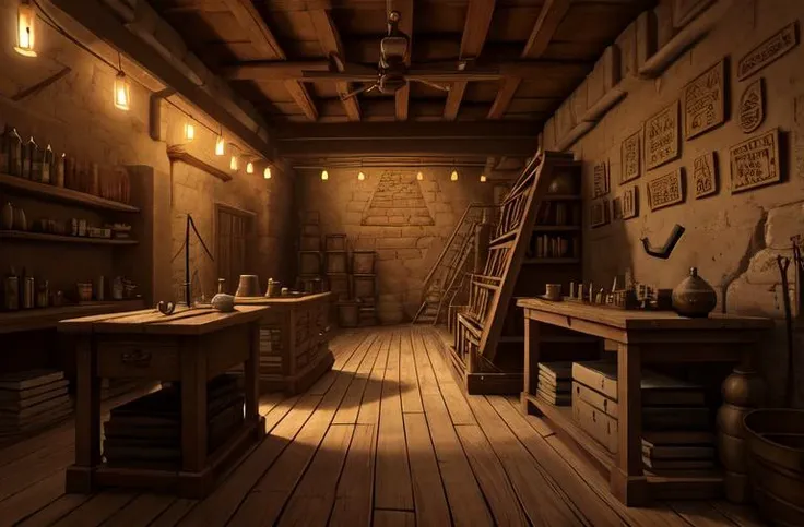 style-hamunaptra_sd2 zrpgstyle, interior of ancient workshop, a clockwork construct lies broken next to a stone table, (buried and sealed) for thousands of years, an enormous stone blocks the only exit. high quality, detailed, intricate, dim lighting from magic torches, hieroglyphics, (sharp focus) <lora:epi_noiseoffset2:1>