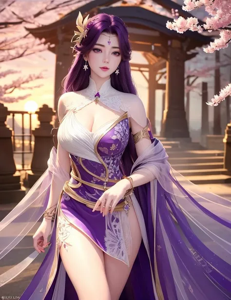 (,1girl, pov,best quality, ) , (((,1girl, solo, large breasts, looking at viewer, cherry blossoms,   , purple_hair, purple_eyes, long_hair, breasts, solo, cloud, jewelry, dress, sunset, sky ))) <lora:DA_YunXi:0.6>
ultra realistic 8k cg, flawless, clean, masterpiece, professional artwork, famous artwork, cinematic lighting, cinematic bloom, perfect face, beautiful face, fantasy, dreamlike, unreal, science fiction, lace, lace trim, lace-trimmed legwear, luxury, jewelry, diamond, gold, pearl, gem, sapphire, ruby, emerald, intricate detail, delicate pattern, charming, alluring, seductive, erotic, enchanting, hair ornament, necklace, earrings, bracelet, armlet,halo,autumn,