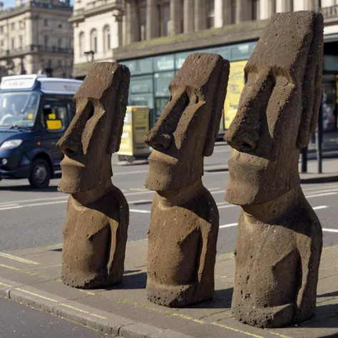 <lora:Moai - Isola di Pasqua_m0a1s:1> m0a1s on a busy street in London