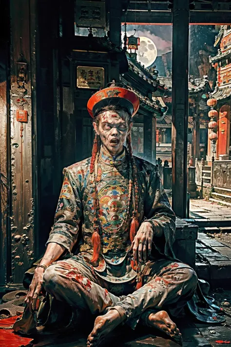 ((realistic))),((masterpiece), (best quality), ultra high res, (raw photo:1.2), (photorealistic:1.4), Exceptional detail, dramatic lighting, highres, 8k, absurdres, 1boy, (Chinese_Qing_zombie:1.5), jewelry, full body, full moon, ancient Chinese building, Chinese tower, obsolete, close up,(selfie:1.3), red dark sky, <lora:LowRA:0.45>, <lora:FairyWorld:0.45> , <lora:Chinese_Zombie-000010:0.5>