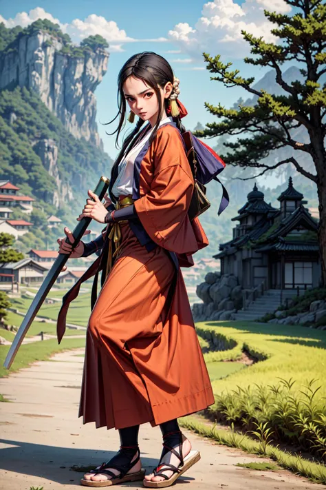 masterpiece, best quality, 1girl, black hair, fighting stance,
<lora:miLs_v4:0.25>, <lora:hibiki:1> (hibikims:1.2), japanese clothes, hakama skirt, holding katana, Terraced rice fields, rural villages, green landscapes, <lora:add_detail:0.5> <lora:blindbox_v1_mix:0.1> <lora:mzr_Style_v1.1:0.38:char>