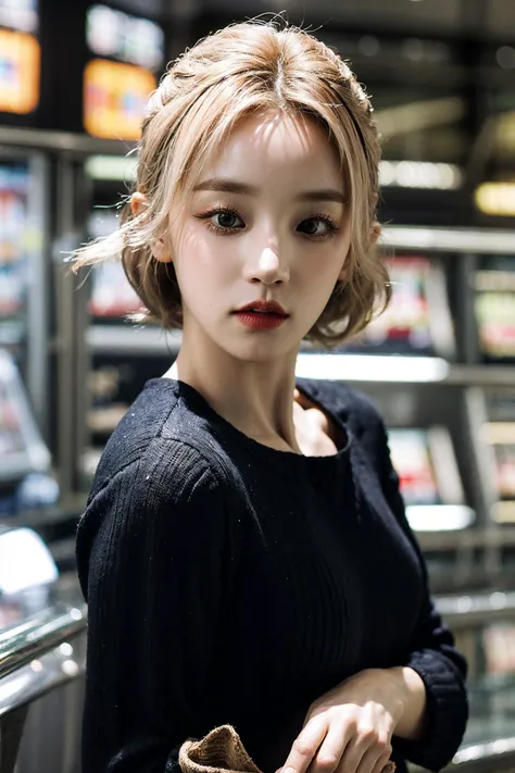 Best quality, masterpiece, ultra high res, (photorealistic:1.4), raw photo, 1girl, platinum blonde hair, shops, cowboy shot, looking at viewer