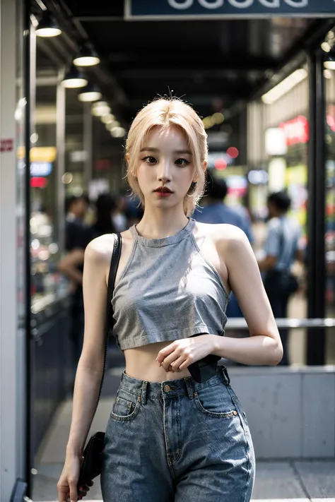 Best quality, masterpiece, ultra high res, (photorealistic:1.4), raw photo, 1girl, platinum blonde hair, shops, cowboy shot, looking at viewer