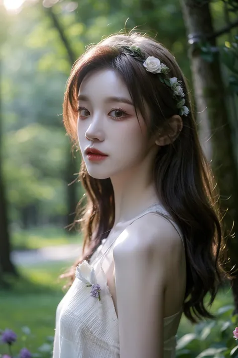 (realistic), (hyperrealism),best quality, masterpiece,ultra high res, (photorealistic:1.4),1girl,pale skin,skinny,looking at viewer, <lora:add_detail:0.6>,forest, flowers, sunlight,
<lora:makina69_yuqi_v2.0:1> , (tattered) wedding dress , bare shoulders, upper body,