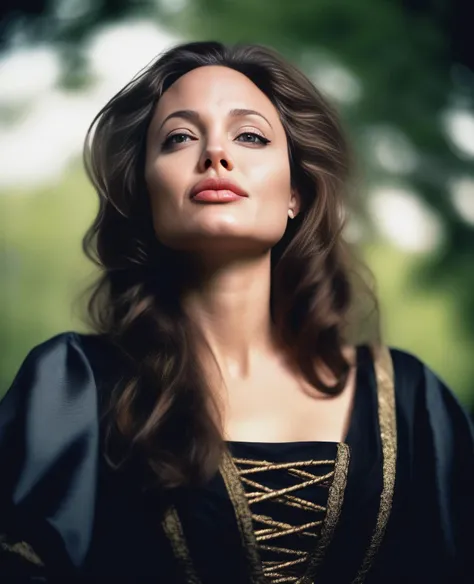 AngelinaJolie, (art by Ary Scheffer:0.9) , photograph, low angle shot of a Bewitching thick Girl, wearing Prince costume, Summer, Tinycore, waning light, film grain, dslr, Zoom lens, <lora:AngelinaJolieSDXL:1>