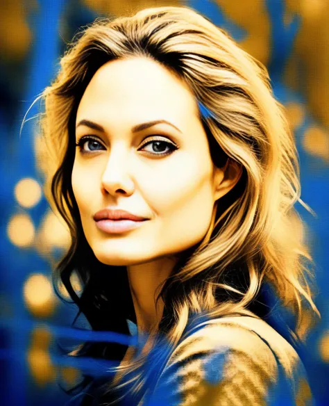 AngelinaJolie, portrait,close up of a Serbian Female, Alhambresque Blonde hair, autumn forest, Bokeh, Rough sketch, 60s Art, Sepia filter, dripping with DayGlo blue, poster art, <lora:AngelinaJolieSDXL:1>