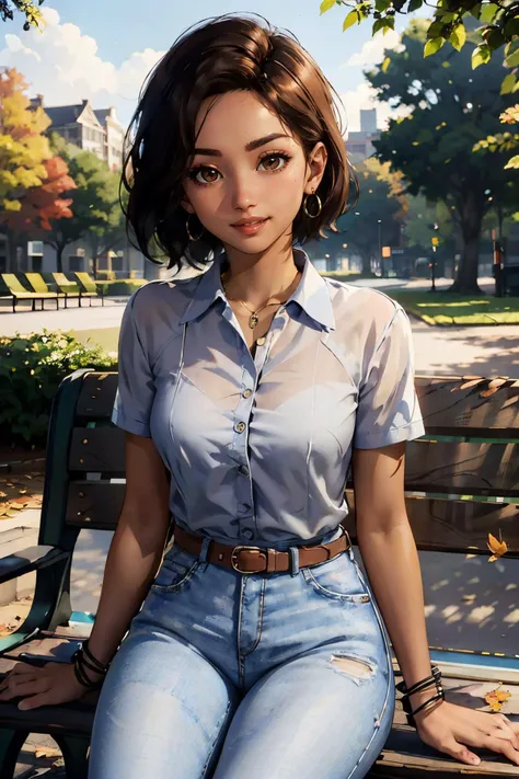 QuarryKaitlyn, short brown hair,  brown eyes, jewelry, white collared shirt, short sleeves, earrings, belt, pants, bracelet, hoop earrings, belt, looking at viewer, smiling, 
sitting, on bench, outside, park, autumn, blue sky, extreme detail, masterpiece, beautiful quality, cute, <lora:QuarryKaitlyn:.6>