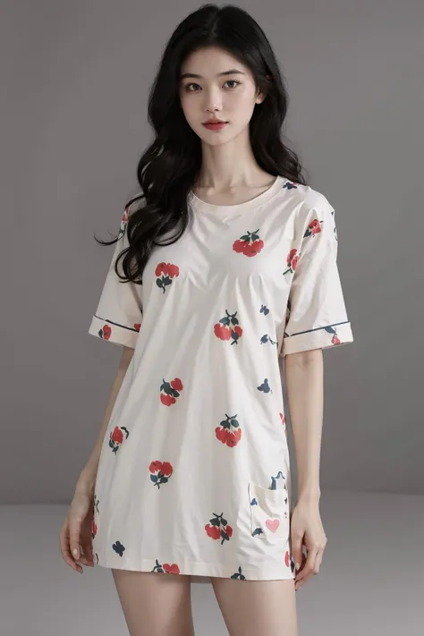 (best quality),[masterpiece],Professional,ultra-fine painting,(Detailed face description),(Beautiful and detailed facial depiction),Realistic skin,realistic light and shadow,captured on film,(pastel colors),Natural light,
//,
1girl,solo,(large breasts),mature female,(perfect female body, narrow waist),((T-shirt,Heart, pattern,animal print,floral print, food print,print shirt,short sleeves,strawberry print,little bear print,little bear pattern)),
//,
looking at viewer,(simple background,grey background),(thighs,long legs,legs),standing,light smile, arms behind back, 
//,
 <lora:xiaoxiong:0.6> <lora:ChinaDollLikeness_v10:0.4>