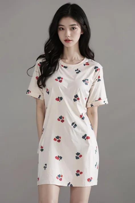 (best quality),[masterpiece],Professional,ultra-fine painting,(Detailed face description),(Beautiful and detailed facial depiction),Realistic skin,realistic light and shadow,captured on film,(pastel colors),Natural light,
//,
1girl,solo,(large breasts),mature female,(perfect female body, narrow waist),((T-shirt,Heart, pattern,animal print,floral print, food print,print shirt,short sleeves,strawberry print,little bear print,little bear pattern)),
//,
looking at viewer,(simple background,grey background),(thighs,long legs,legs),standing,light smile, arms behind back, 
//,
 <lora:xiaoxiong:0.6> <lora:ChinaDollLikeness_v10:0.4>
