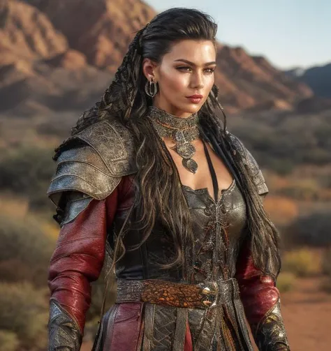 (masterpiece:1.2), (best quality,:1.2), 8k, HDR, ultra detailed, ((photorealistic)), professional light, cinematic lighting, fashion photography, ambient lighting, face lighting, Melissa, <lora:Melissa-10:1>, dynamic pose, earrings, choker, messy and long hair, dark makeup, ((upper body shot)), OverallDetail, fhanddetail, ffacedetail, middle-aged, as female survivor, wearing intricate leather and metal armor under a long black leather coat, <lora:detail_slider_v4:4>, looking at viewer, <lora:PostApocalypticV1:0.6>, 99post96apocalyptic44, in a hot desert, FanLan, FanAm, <lora:Armor-10:0.74>, <lora:FantasyLandscape-10:0.7>