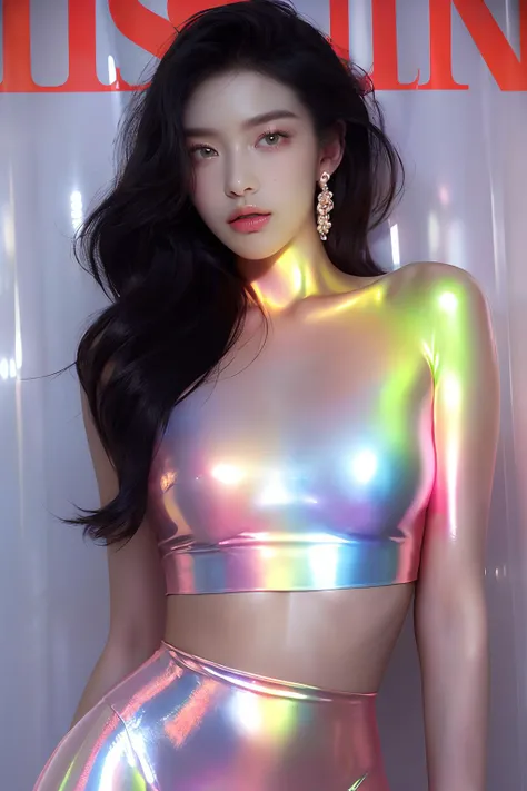 <lora:20231113-1699862111955-0016:0.8>,mother of pearl,Body shot,glossy,tight,Ethereal Reflections: a beautiful Girls,god light,neon,celluloid,oil skin,lustrous skin,dreamy glow,mirrored surfaces and pastel shades,1girl,solo,jewelry,black hair,long hair,green eyes,earrings,freckles,red lips,black dress,realistic,(best quality),
(8k, best quality, masterpiece),ultra-detailed,(high detailed skin),glossy skin,contrapposto,female focus,model,(hot:0.7),sexy,fine fabric emphasis,wall paper,crowds,fashion,Lipstick,depth of field,street,in public,(Magazine cover-style illustration of a fashionable woman),posing in front of a colorful and dynamic background. (The text on the cover should be bold and attention-grabbing, with the title of the magazine and a catchy headline),