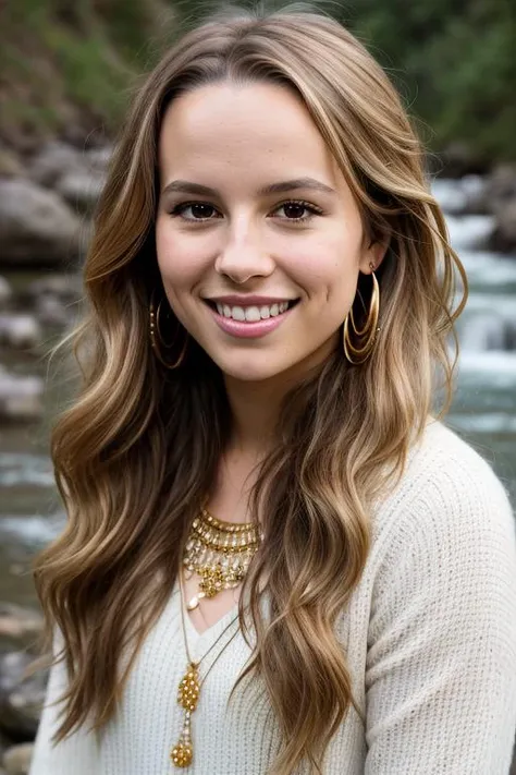 a Realistic portrait of a bridgit mendler woman with brown eyes and long Hair style, looking at the viewer, detailed face, detailed eyes, (smiling showing teeth:1.1), perfect slim body, modelshoot style, wearing gold earrings and jewelry, soft lighting, professional Photography, Photorealistic, detailed, waterfall background, RAW, analog, sharp focus, 8k, HD, DSLR, high quality, Fujifilm XT3, film grain, award winning, masterpiece <lora:bridgit mendler v1.0:1>