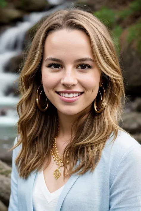 a Realistic portrait of a bridgit mendler woman with brown eyes and long Hair style, looking at the viewer, detailed face, detailed eyes, (smiling showing teeth:1.1), perfect slim body, modelshoot style, wearing gold earrings and jewelry, soft lighting, professional Photography, Photorealistic, detailed, waterfall background, RAW, analog, sharp focus, 8k, HD, DSLR, high quality, Fujifilm XT3, film grain, award winning, masterpiece <lora:bridgit mendler v1.0:1>