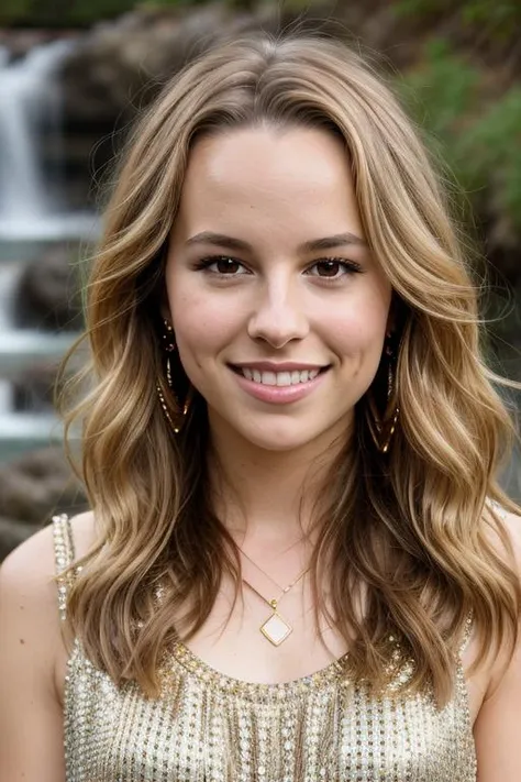 a Realistic portrait of a bridgit mendler woman with brown eyes and long Hair style, looking at the viewer, detailed face, detailed eyes, (smiling showing teeth:1.1), perfect slim body, modelshoot style, wearing gold earrings and jewelry, soft lighting, professional Photography, Photorealistic, detailed, waterfall background, RAW, analog, sharp focus, 8k, HD, DSLR, high quality, Fujifilm XT3, film grain, award winning, masterpiece <lora:bridgit mendler v1.0:1>