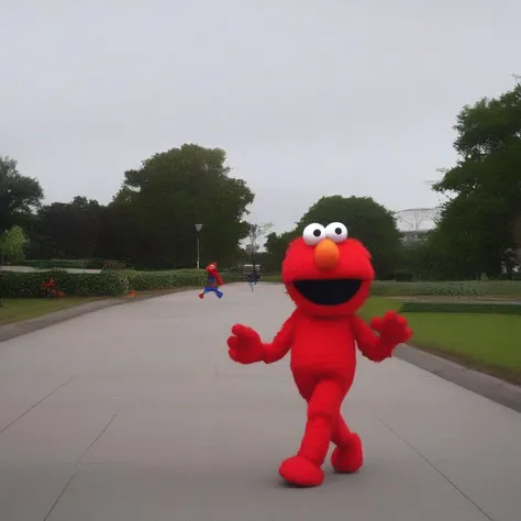 Elmo walking in a park