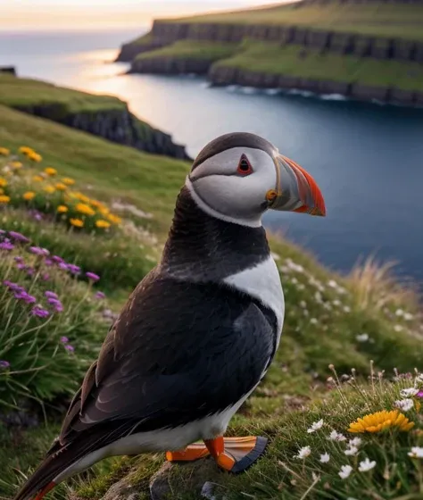 <fa3rua>, Ultra-HD-realistic-details, upper body, Spectacular light, Sunset, Faroe Islands, Grass, flowers, Cliff, close portrait photo