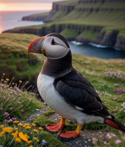 <fa3rua>, Ultra-HD-realistic-details, upper body, Spectacular light, Sunset, Faroe Islands, Grass, flowers, Cliff, close portrait photo