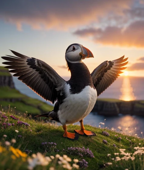 <fa3rua>, Ultra-HD-realistic-details, upper body, Spectacular light, Sunset, Faroe Islands, Grass, flowers, Open wings