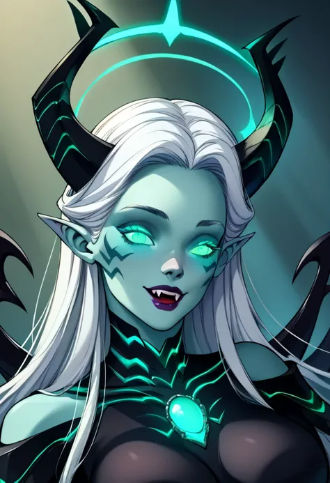 score_9, score_8_up, score_7_up, score_6_up, <lora:Demonic_Evolution_6_Character_PONT_XL_by_UOC:1>, ObsidianKing, Obsidian_King, DemonicEvolution, 1girl, solo, long hair, breasts, looking at viewer, smile, open mouth, green eyes, white hair, horns, pointy ears, glowing, colored skin, fangs, halo, black nails, glowing eyes, hair behind ear
