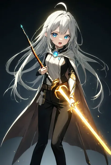 score_9, score_8_up, score_7_up, score_6_up, <lora:Demonic_Evolution_6_Character_PONT_XL_by_UOC:1>, situliu, situ_liu, situ liu, DemonicEvolution, 1girl, solo, long hair, looking at viewer, open mouth, bangs, blue eyes, holding, weapon, ahoge, white hair, grey hair, pants, sword, cape, holding weapon, glowing, holding sword, black pants, glowing eyes, animification, glowing weapon