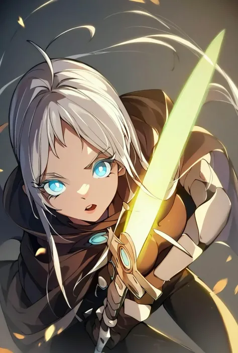 score_9, score_8_up, score_7_up, score_6_up, <lora:Demonic_Evolution_6_Character_PONT_XL_by_UOC:1>, situliu, situ_liu, situ liu, DemonicEvolution, 1girl, solo, long hair, looking at viewer, open mouth, bangs, blue eyes, holding, weapon, ahoge, white hair, grey hair, pants, sword, cape, holding weapon, glowing, holding sword, black pants, glowing eyes, animification, glowing weapon