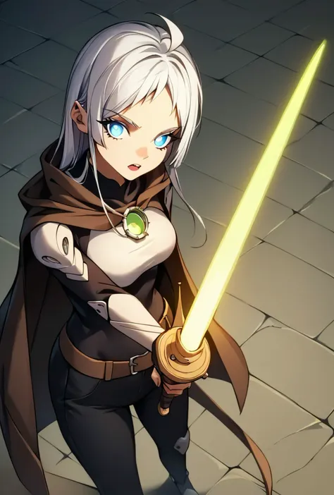 score_9, score_8_up, score_7_up, score_6_up, <lora:Demonic_Evolution_6_Character_PONT_XL_by_UOC:1>, situliu, situ_liu, situ liu, DemonicEvolution, 1girl, solo, long hair, looking at viewer, open mouth, bangs, blue eyes, holding, weapon, ahoge, white hair, grey hair, pants, sword, cape, holding weapon, glowing, holding sword, black pants, glowing eyes, animification, glowing weapon