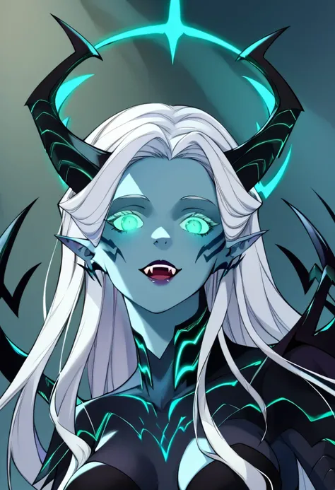 score_9, score_8_up, score_7_up, score_6_up,  <lora:Demonic_Evolution_6_Character_PONT_XL_by_UOC:1>,  ObsidianKing, Obsidian_King, DemonicEvolution, 1girl, solo, long hair, breasts, looking at viewer, smile, open mouth, green eyes, white hair, horns, pointy ears, glowing, colored skin, fangs, halo, black nails, glowing eyes, hair behind ear