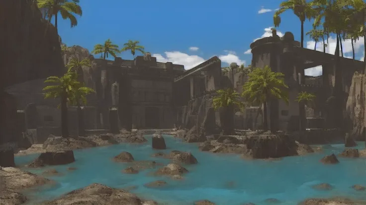 buildings, blue water, palms, bridges in p1xriven style