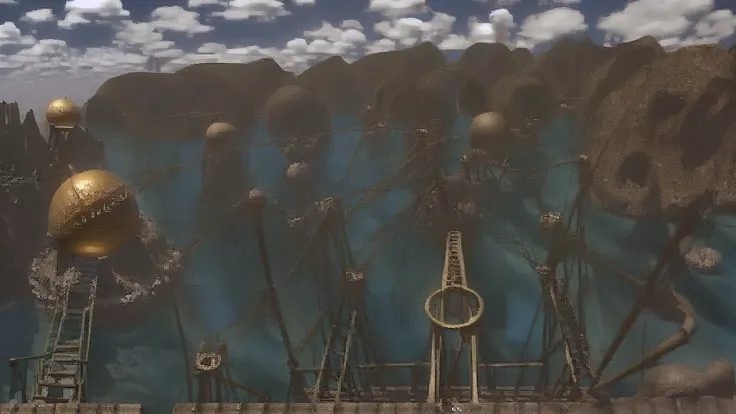 vridge, ocean background, (pipes), crypt, orbs gold, rails, train, houses in p1xriven style <lora:add_detail:1>